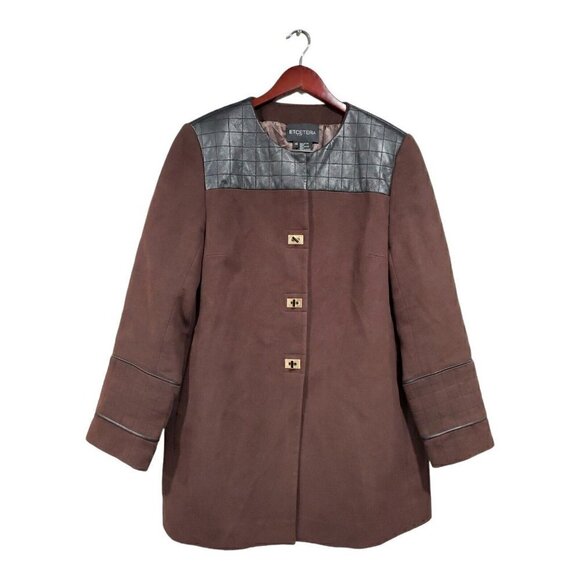 Etcetera Jackets & Blazers - Etcetera Women's Brown Cotton Black Leather Trim Jacket Turnlock Closure Size 14